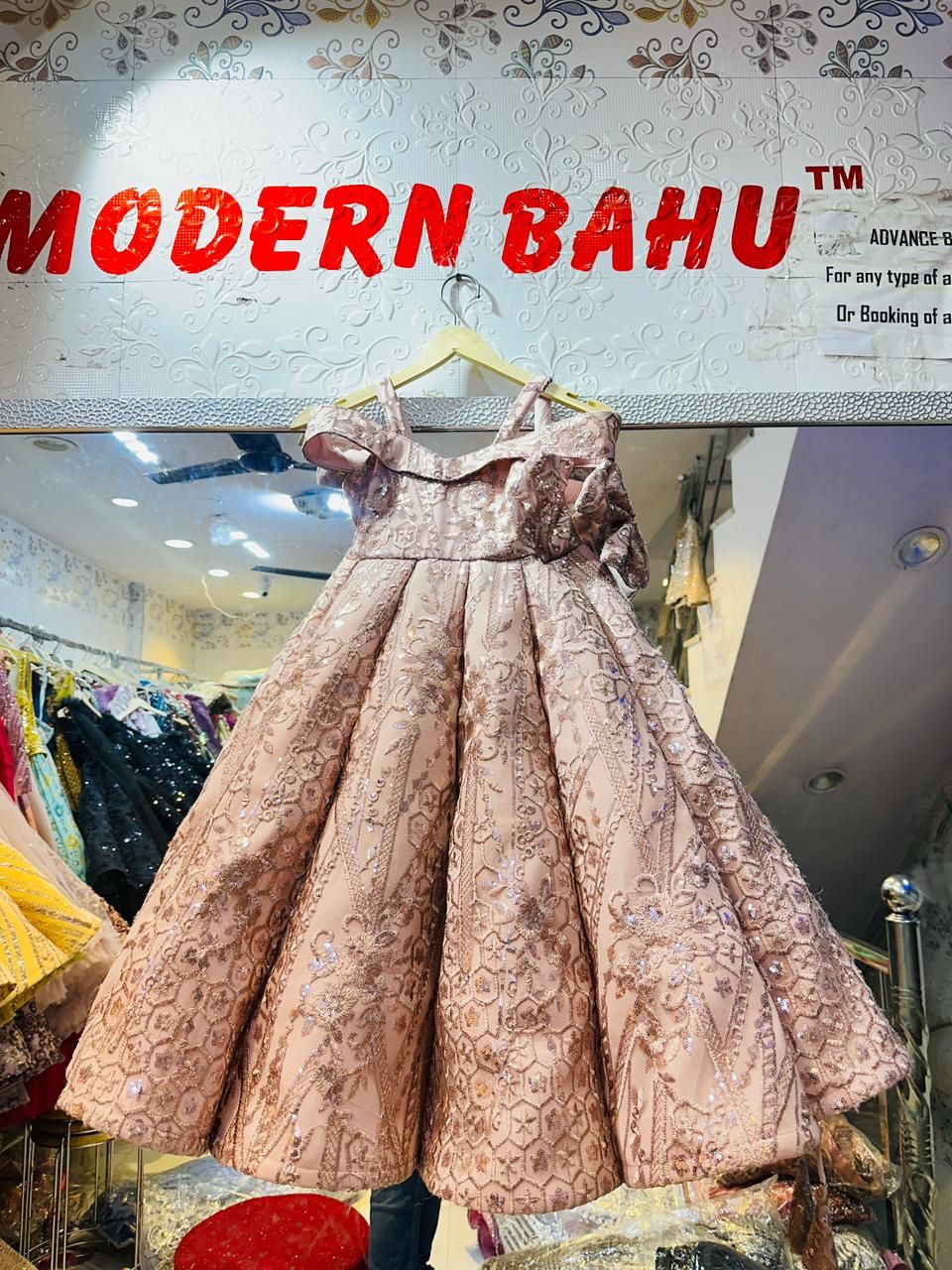 Kids Luxury Dusty Pink & Rose Gold Sequin Ball Gown | Geometric Embroidered Off-Shoulder Princess Dress with Corset Back