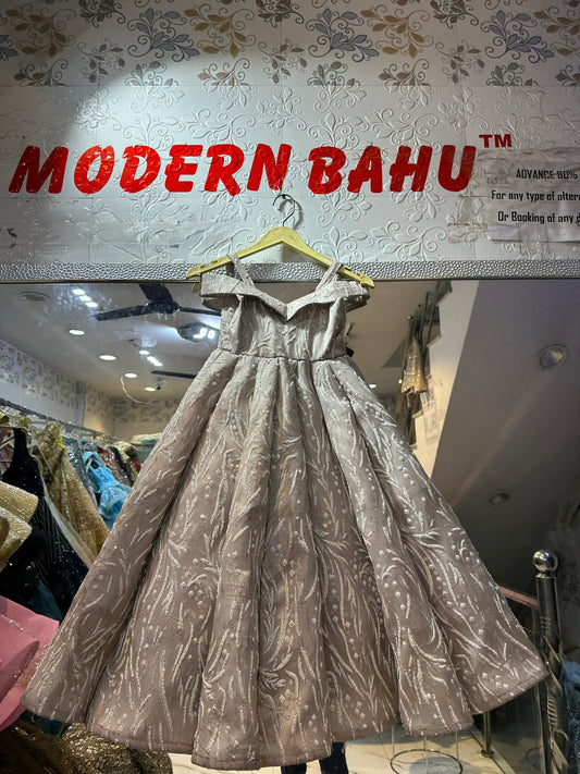 Elegant Champagne Glitter Print Off-Shoulder Ball Gown for Girls – Princess Party Wear