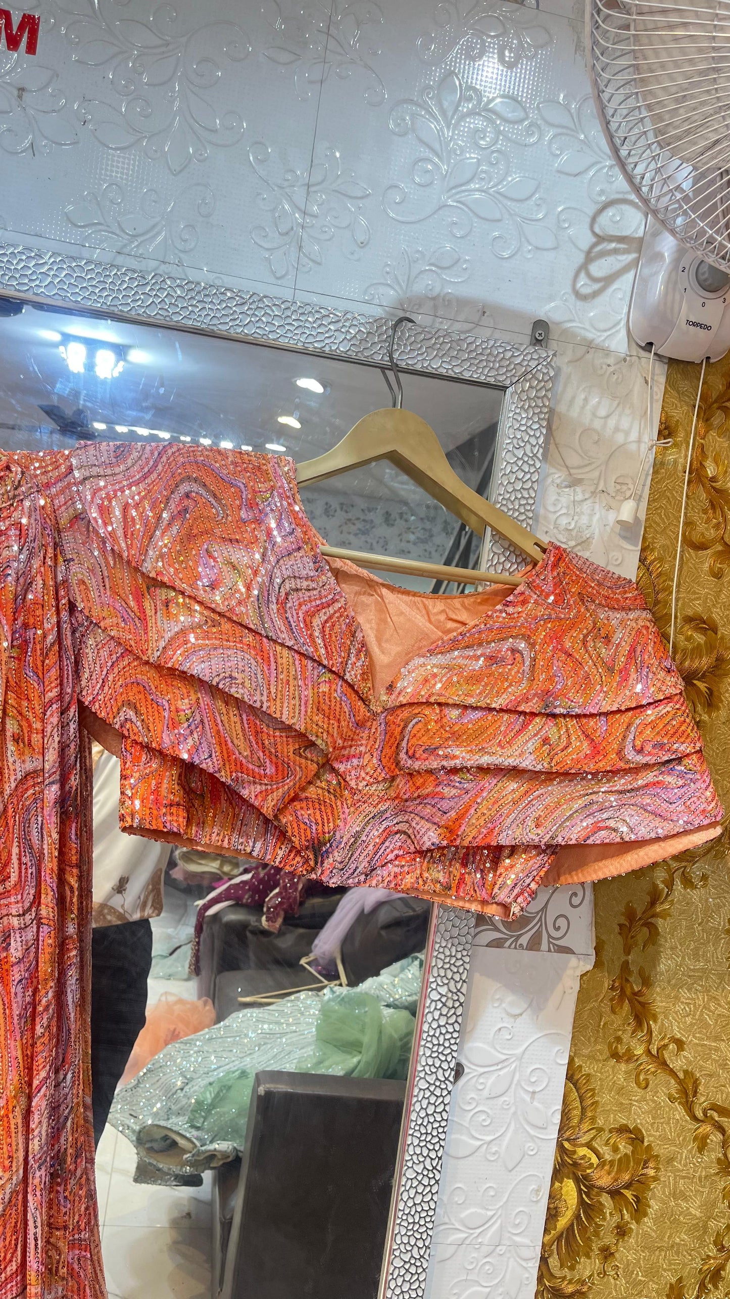 Vibrant Orange & Pink Abstract Swirl Print Sequin Lehenga Choli | Modern Ruffled Layered Blouse Set