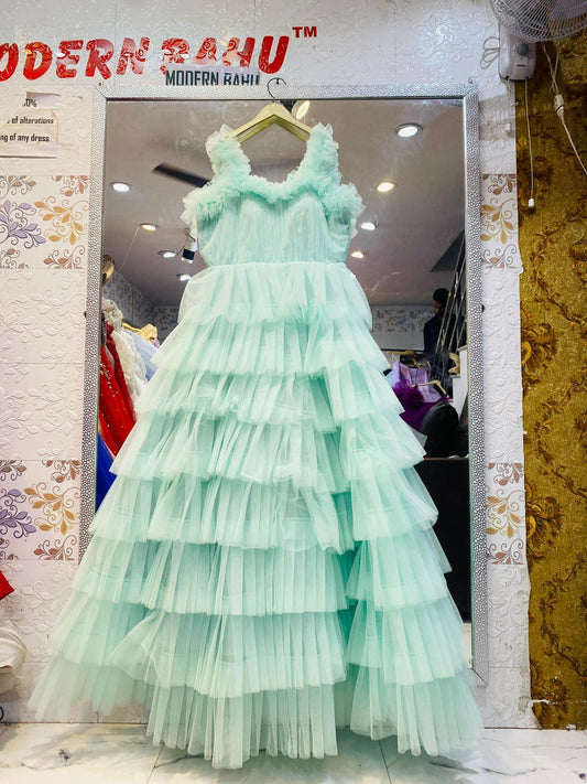 Mint Green Tiered Ruffled Tulle Gown with Long Train
