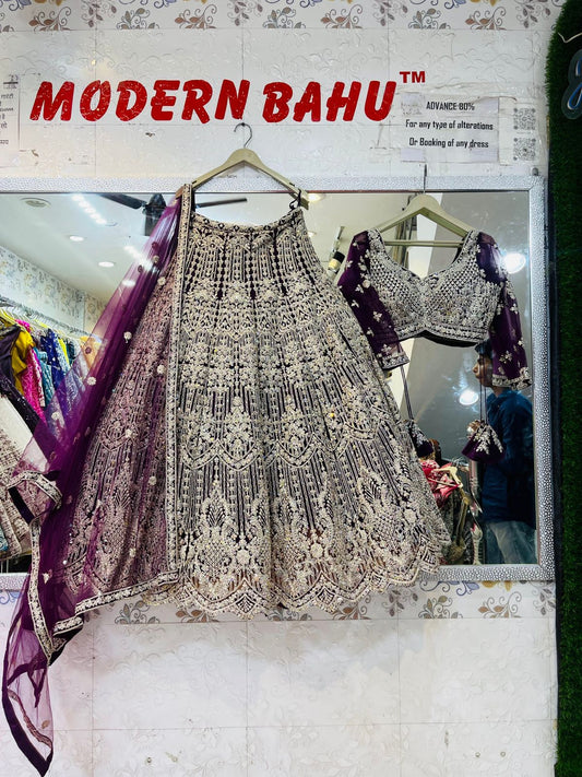 Deep Purple Heavy Embroidered Velvet Lehenga Choli – Silver Zari Bridal Wedding Wear