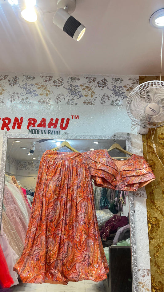 Vibrant Orange & Pink Abstract Swirl Print Sequin Lehenga Choli | Modern Ruffled Layered Blouse Set