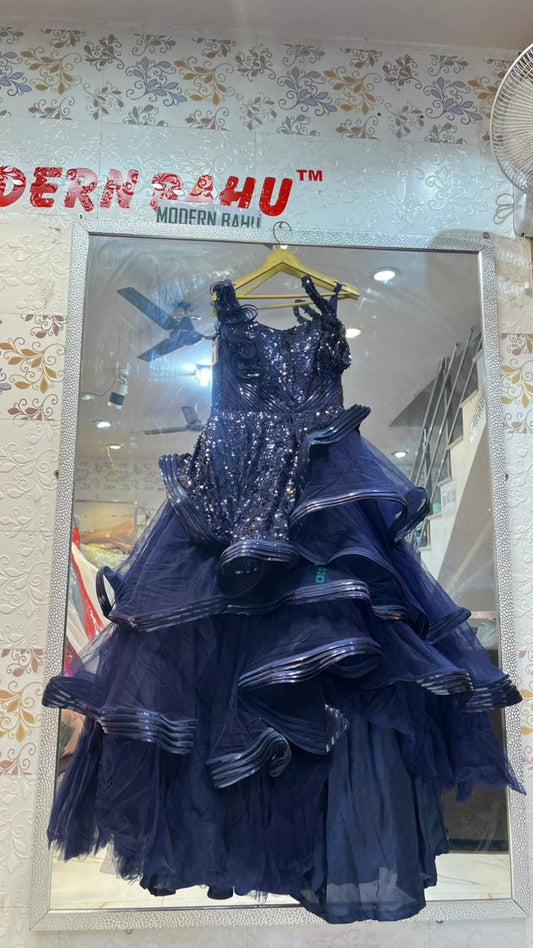 Midnight Blue Tiered Ruffle Ball Gown | Sequin Embellished Sleeveless Evening Dress