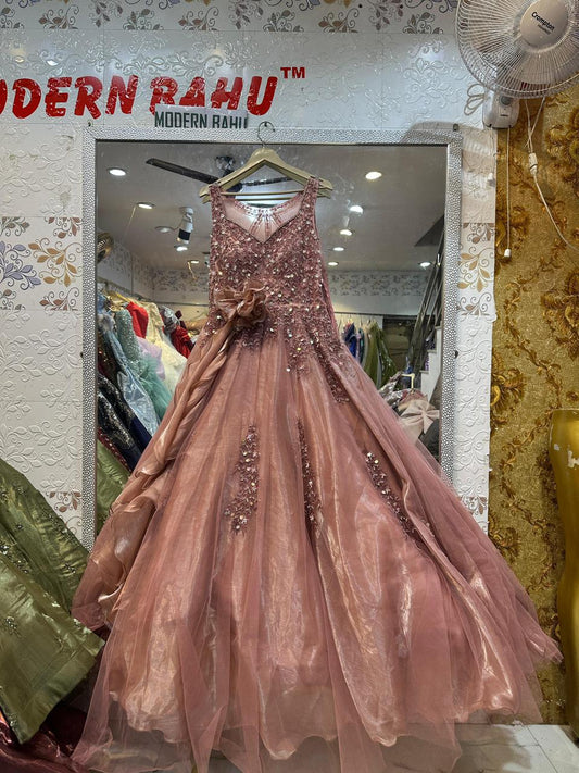 Dusty Pink 3D Rosette Ball Gown – Sequin Embroidered V-Neck Party Dress with Floral Waist Detail