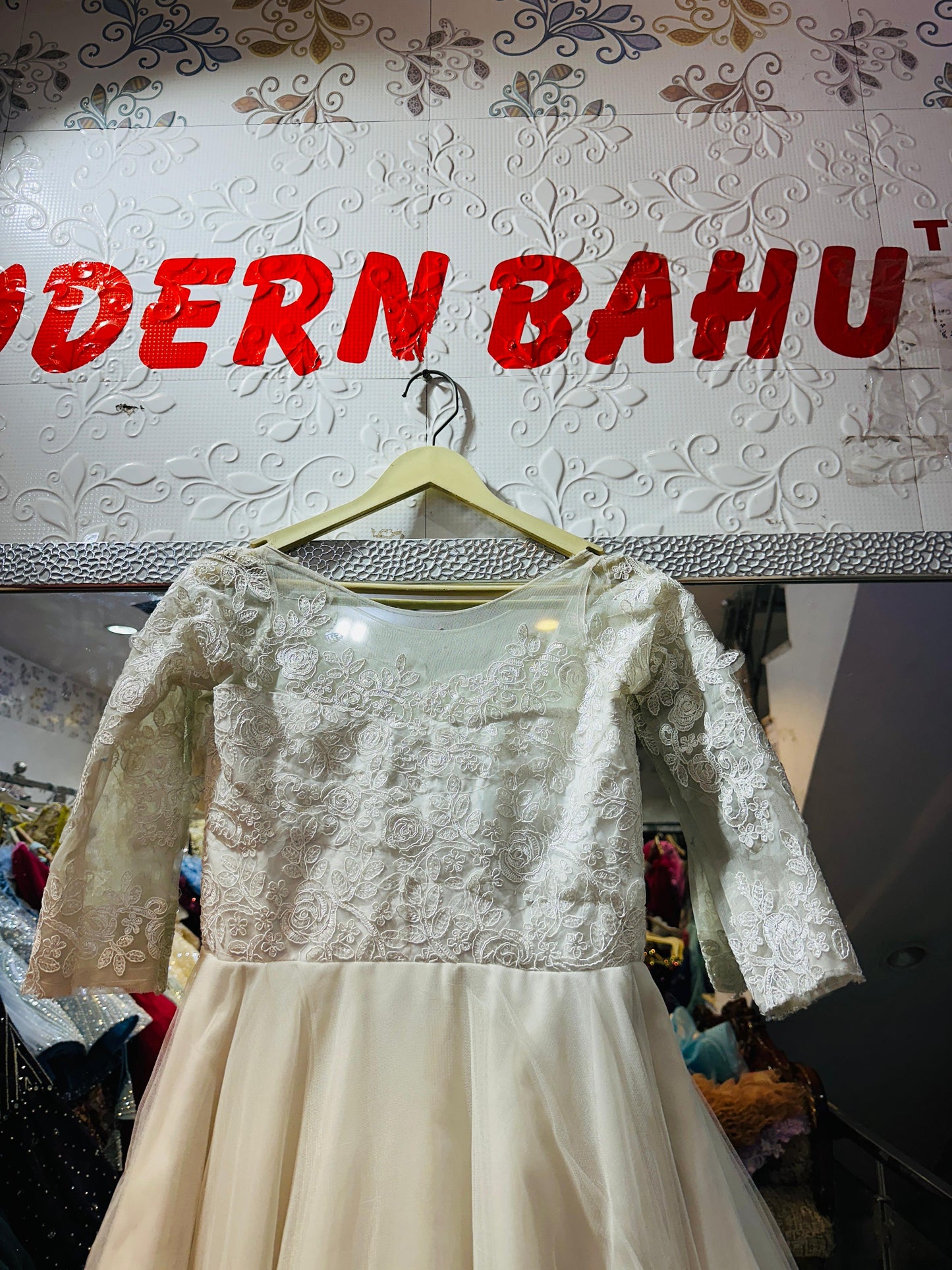 Angelic Ivory White High-Low Lace Gown with Long Trail – Kids Party Wear