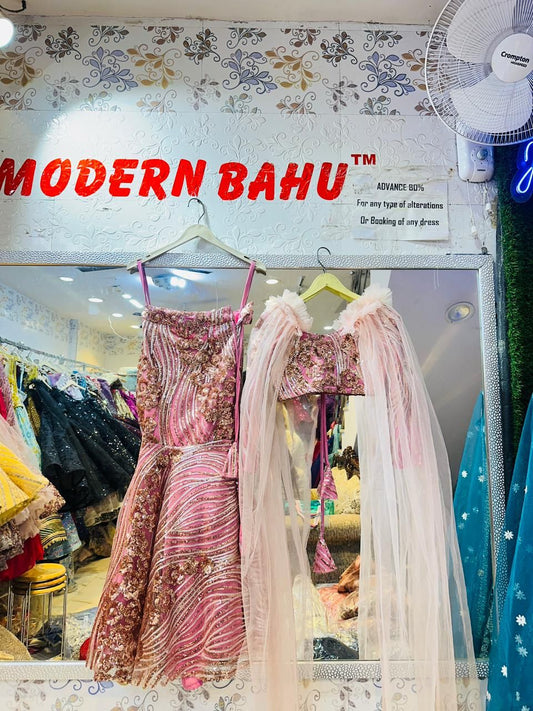 Pink Sequin Lehenga Choli with Floor-Length Ruffled Cape Sleeves | Designer Indo-Western Party Wear