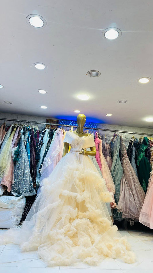 Cream Off-Shoulder Ruffled Ball Gown
