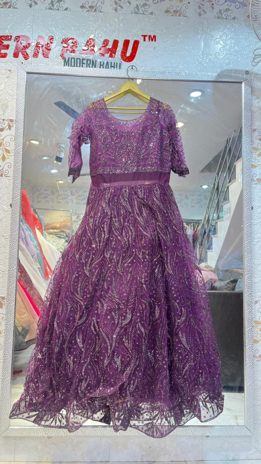 Shimmering Purple Sequin Embellished Net Gown | 3/4 Sleeve Party Wear Evening Dress