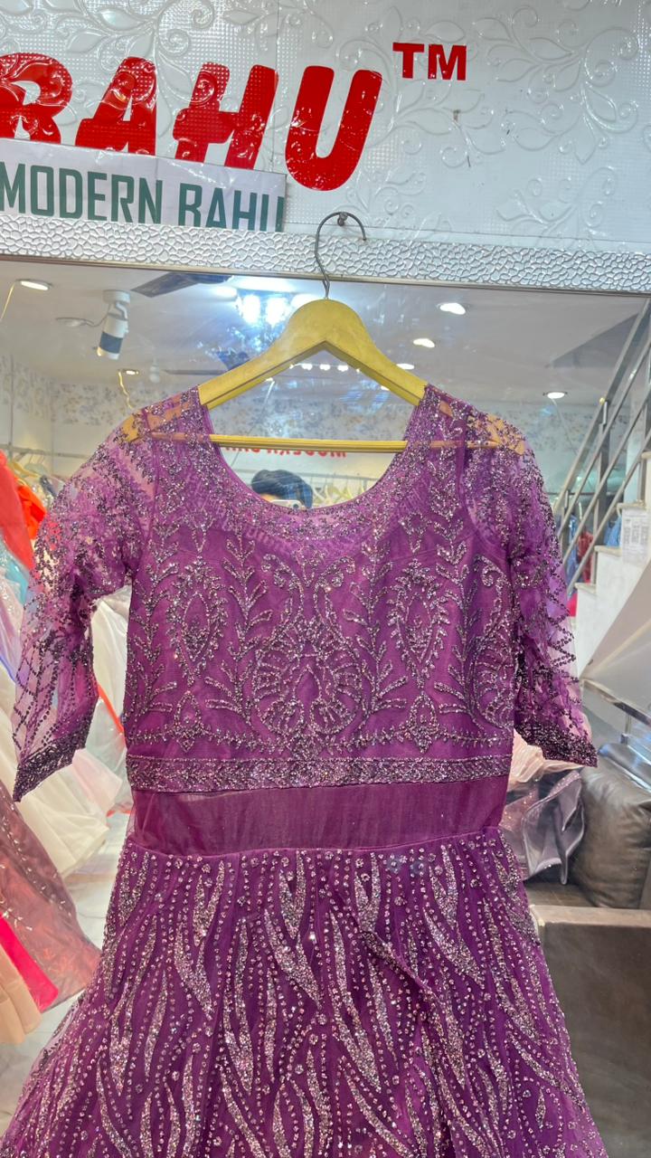 Shimmering Purple Sequin Embellished Net Gown | 3/4 Sleeve Party Wear Evening Dress