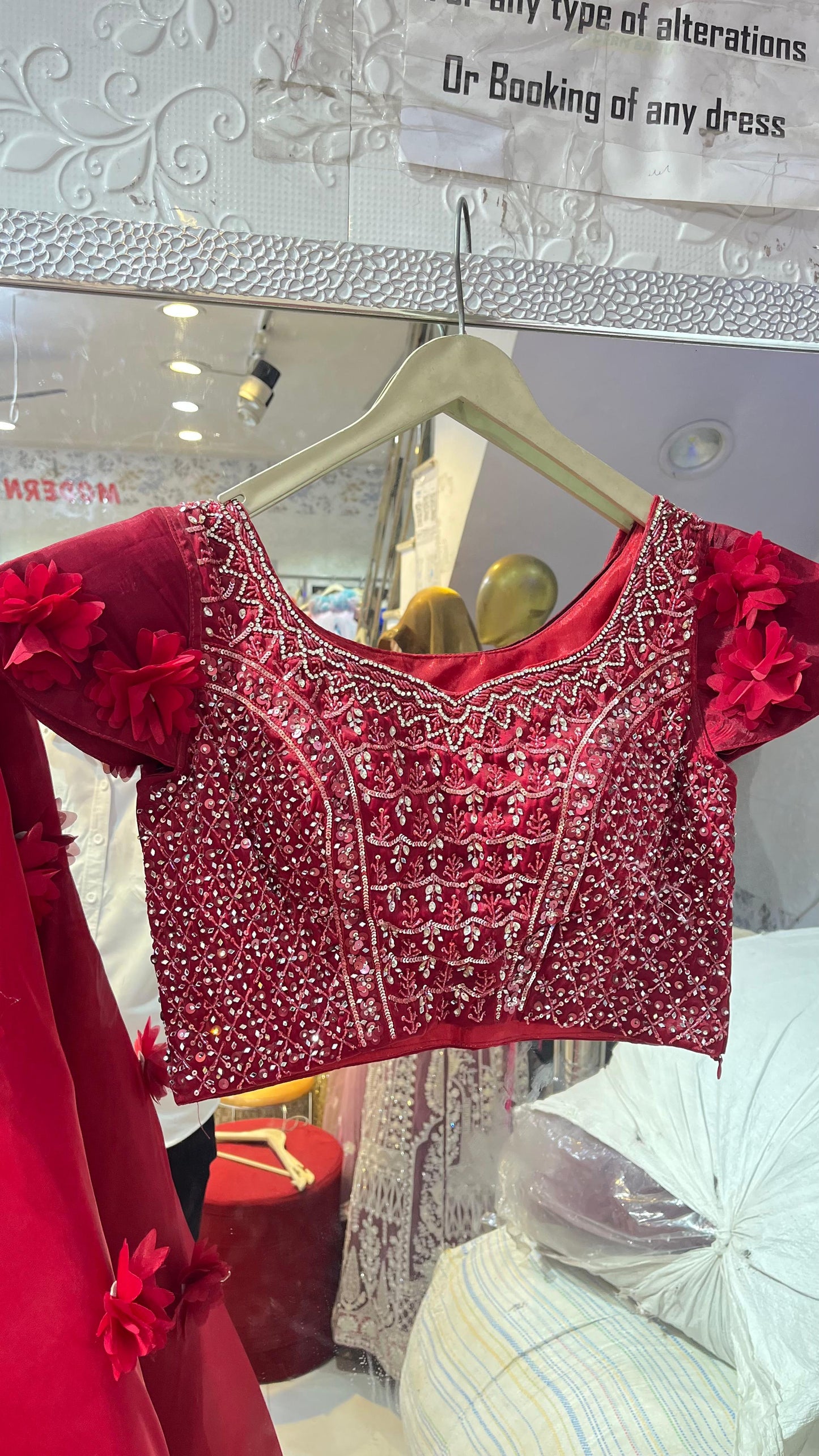 Romantic Cherry Red Satin Lehenga Choli with 3D Floral Sleeves & Heavy Beaded Blouse – Party Wear