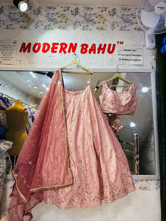 Salmon Pink Silk Blend Lehenga Choli – Sequin Embroidered Festive Wear with Net Dupatta