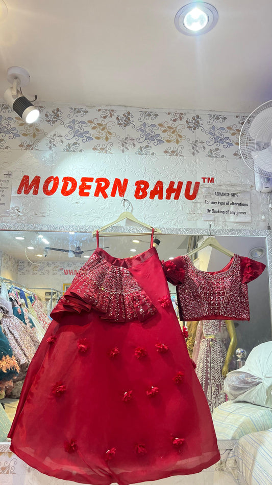 Romantic Cherry Red Satin Lehenga Choli with 3D Floral Sleeves & Heavy Beaded Blouse – Party Wear