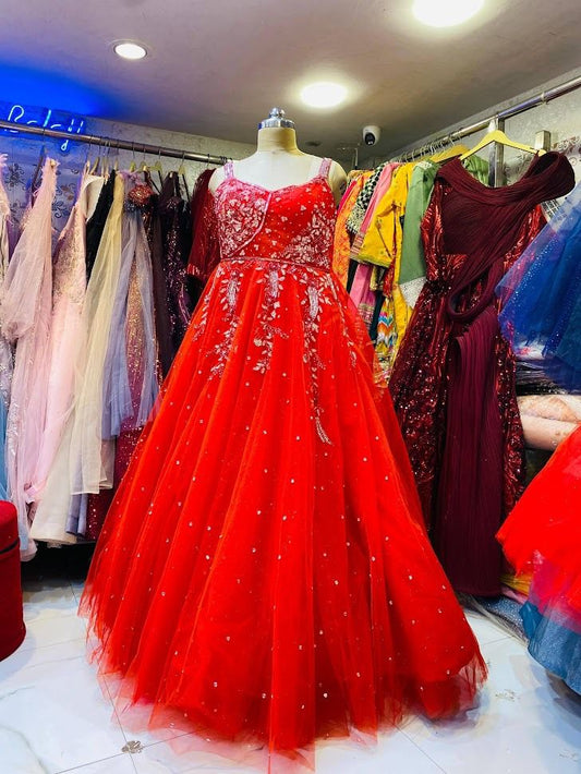 Designer Hot Pink Net Ball Gown with Cape Sleeves & Silver Sequin Embroidery