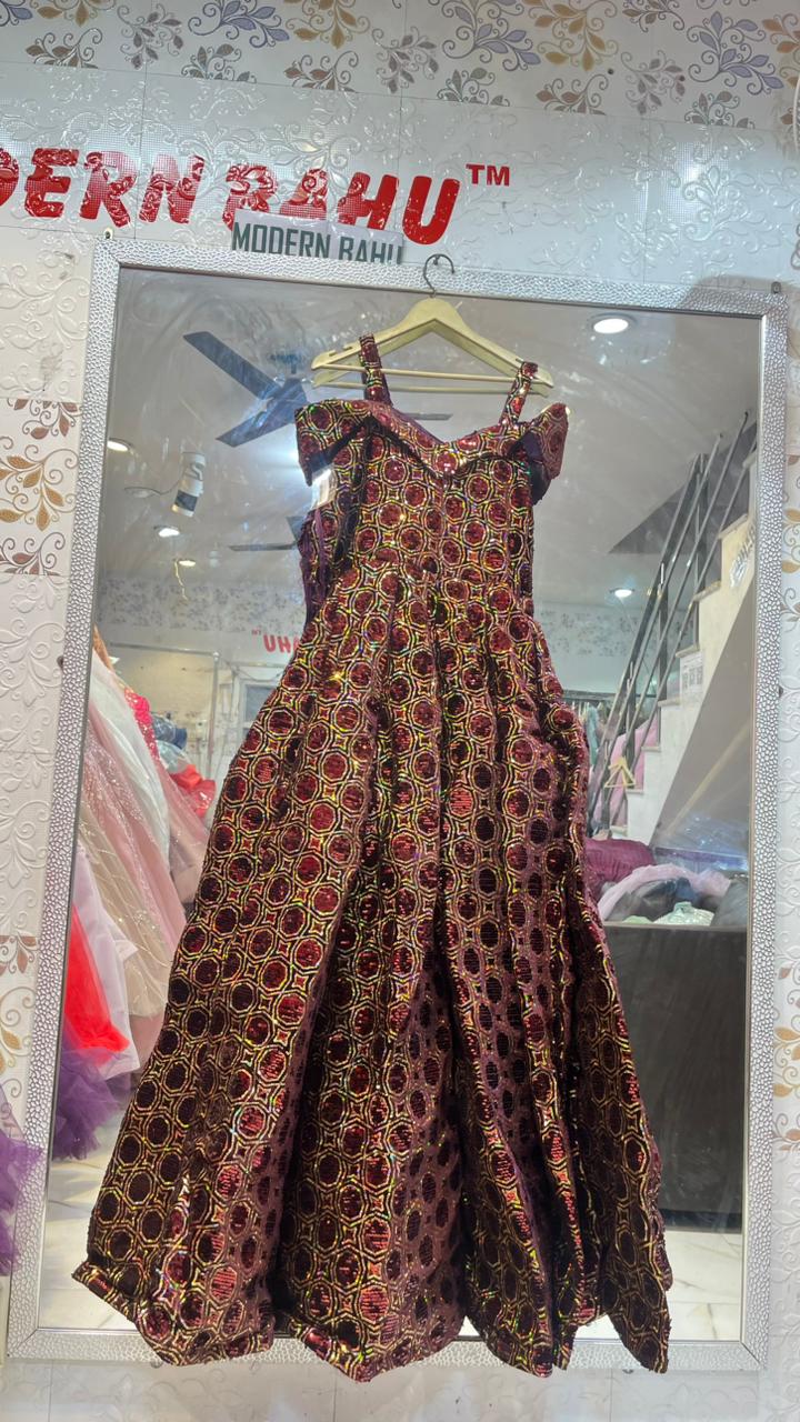 Wine Red Geometric Sequin Cold-Shoulder Gown