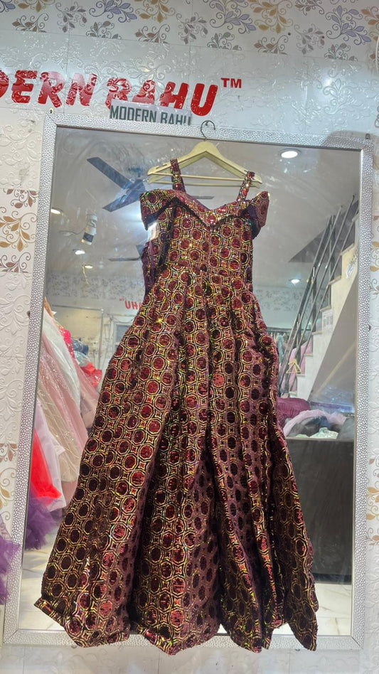 Wine Red Geometric Sequin Cold-Shoulder Gown