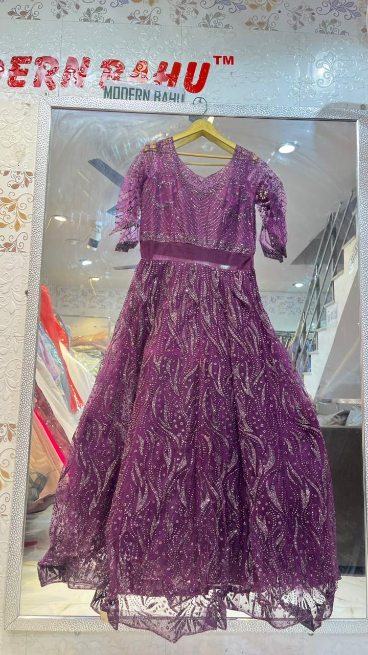 Shimmering Purple Sequin Embellished Net Gown | 3/4 Sleeve Party Wear Evening Dress