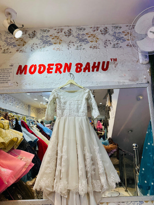 Angelic Ivory White High-Low Lace Gown with Long Trail – Kids Party Wear