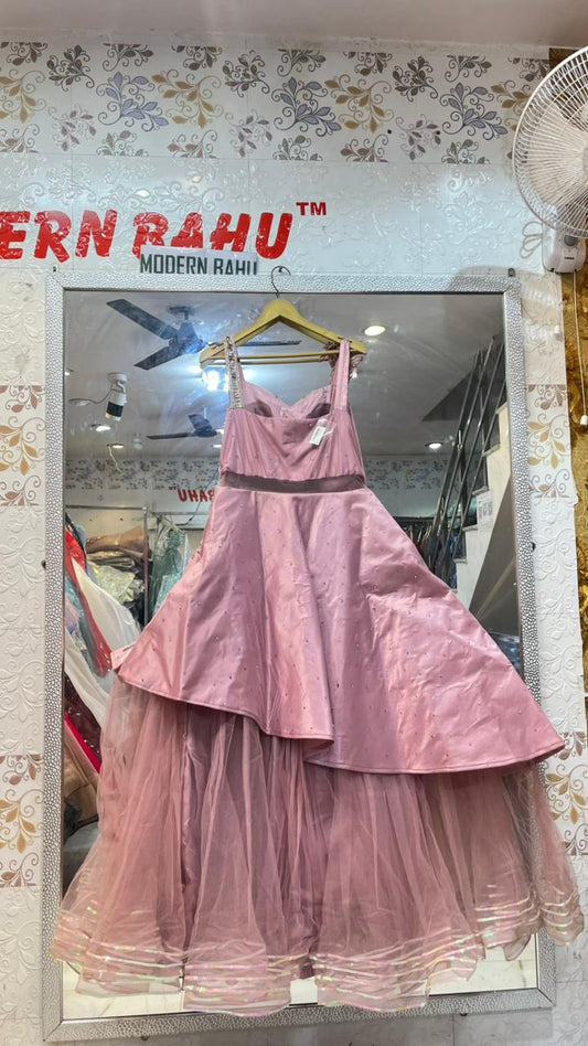 Enchanting Dusty Pink Floral Embroidered Satin & Net Gown | Sleeveless Designer Evening Dress