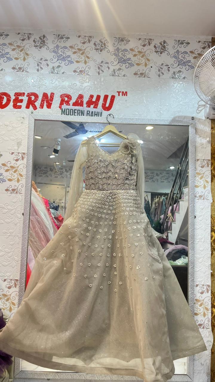 Champagne Heavy Beaded Net Gown | Long Sleeve Designer Party Wear Dress with 3D Flower Detail