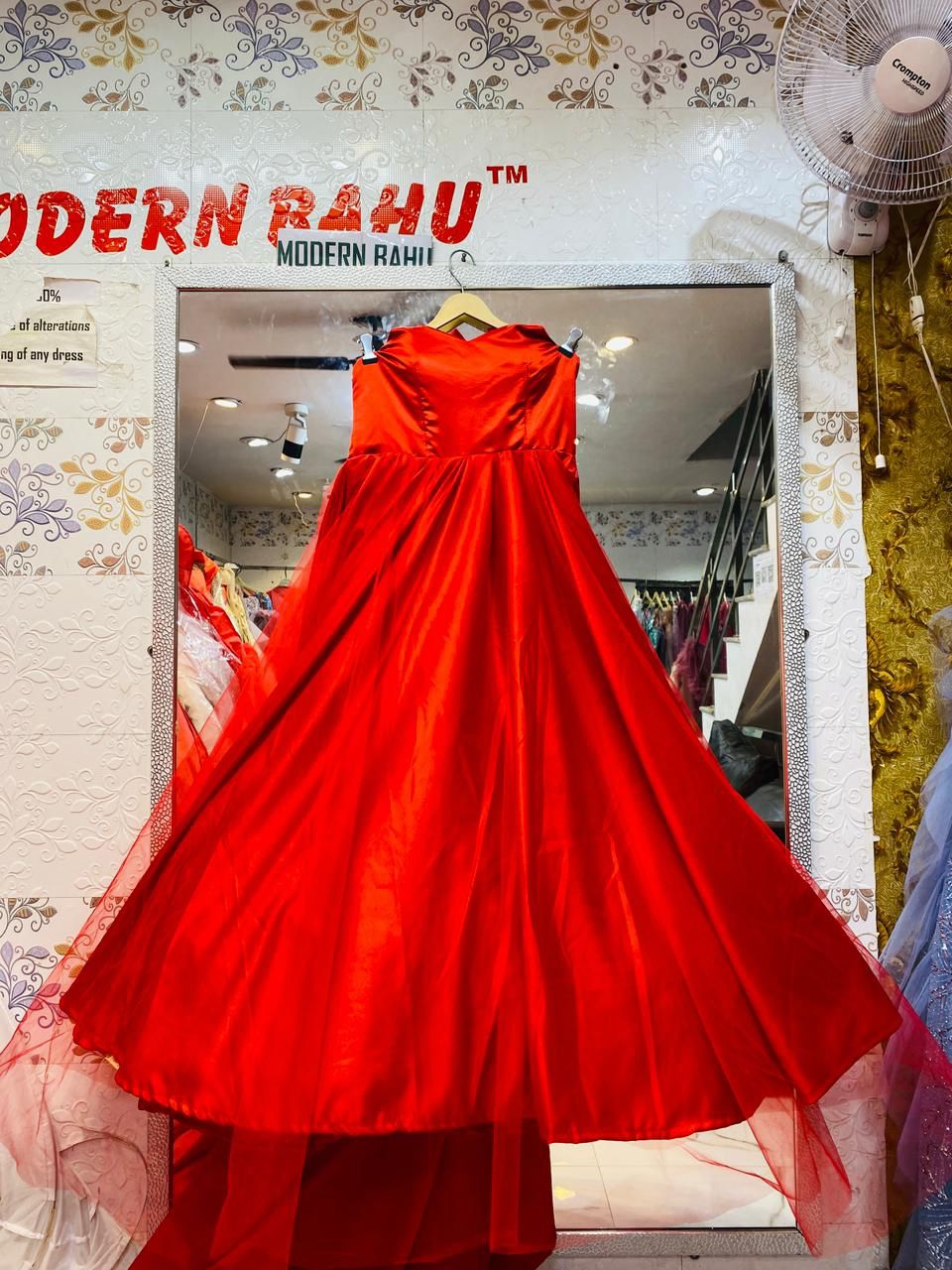 Red Satin Gown with Dramatic Long Net Train