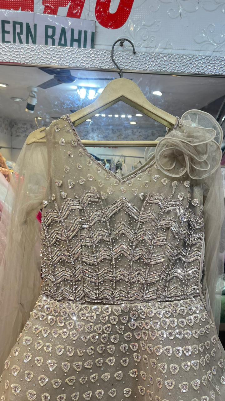Champagne Heavy Beaded Net Gown | Long Sleeve Designer Party Wear Dress with 3D Flower Detail
