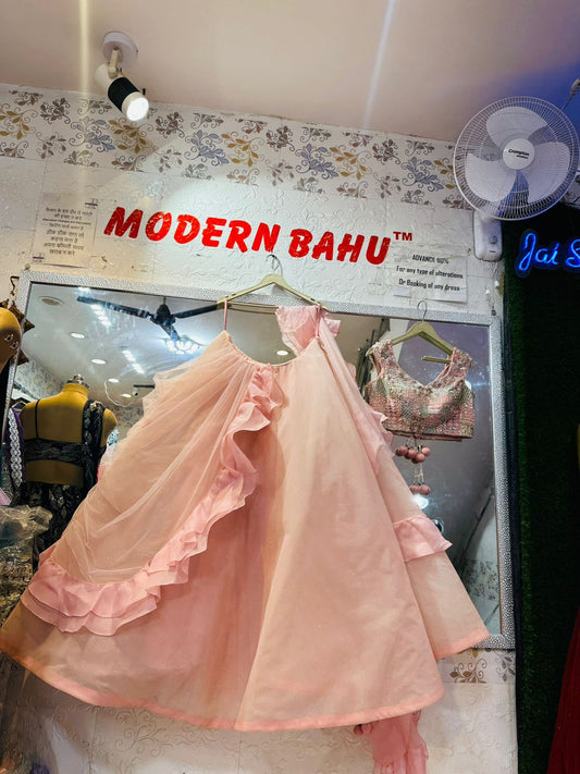Baby Pink Ruffled Layered Lehenga Choli – Multi-Color Embroidered Designer Blouse