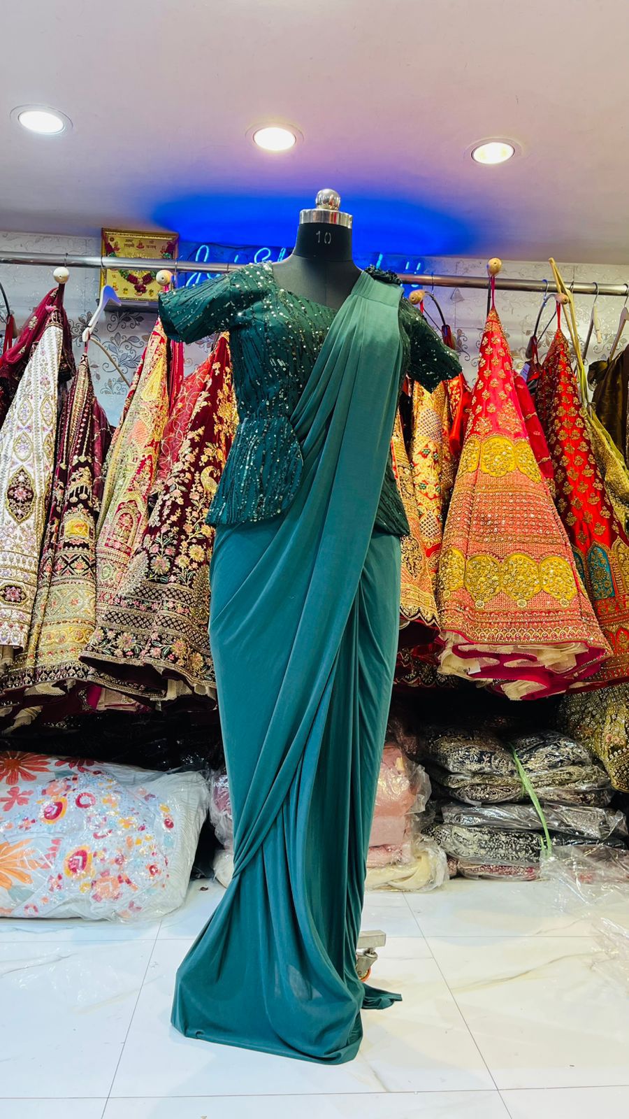 Teal Green Ready-to-Wear Saree Gown – Sequin Peplum Blouse with Pre-Draped Pallu & Shoulder Flower
