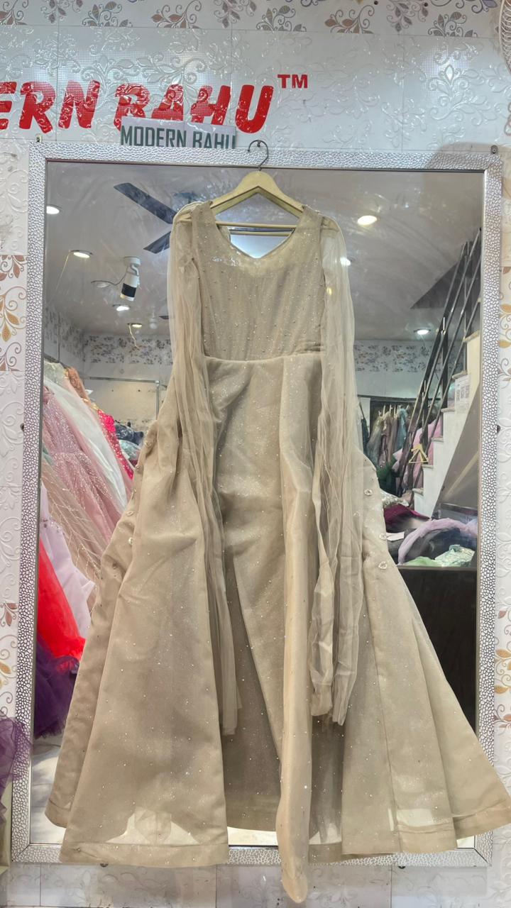 Champagne Heavy Beaded Net Gown | Long Sleeve Designer Party Wear Dress with 3D Flower Detail