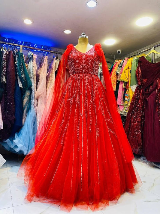 Elegant Red Sleeveless Net Gown with Silver Floral Vine Embellishment