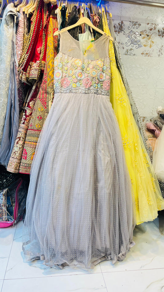 Chic Grey Tulle Gown with Pastel Floral Embroidery & Mirror Work Waist – Contemporary Party Wear