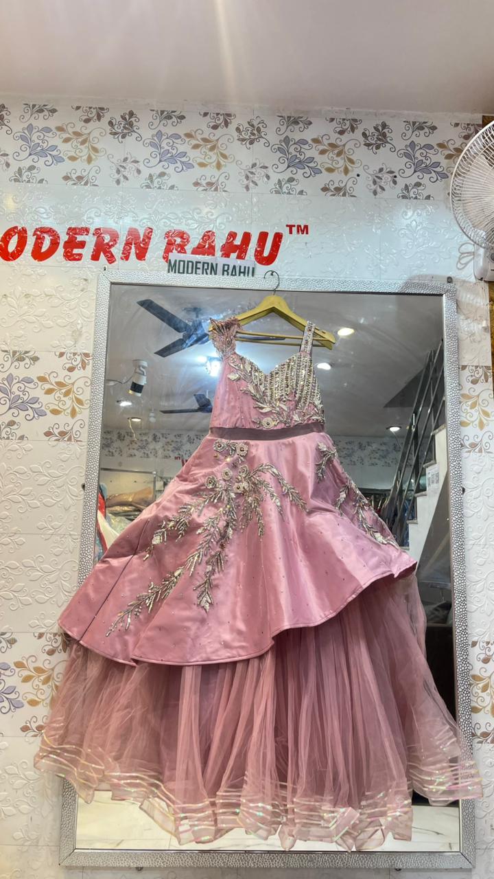 Enchanting Dusty Pink Floral Embroidered Satin & Net Gown | Sleeveless Designer Evening Dress