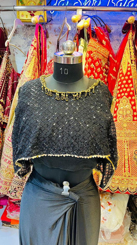 Dark Green Ready-to-Wear Saree Gown – Black Sequin Cape Blouse with Gold Tassel Detail