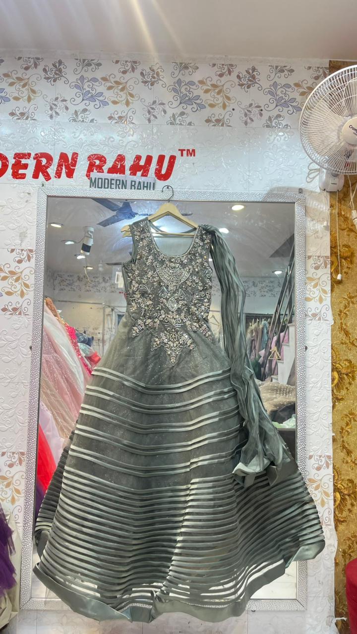 Grey Heavy Embroidered Net Gown | Designer Satin Stripe Skirt Party Wear Dress with Attached Drape