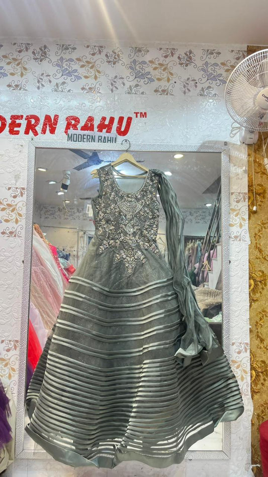 Grey Heavy Embroidered Net Gown | Designer Satin Stripe Skirt Party Wear Dress with Attached Drape