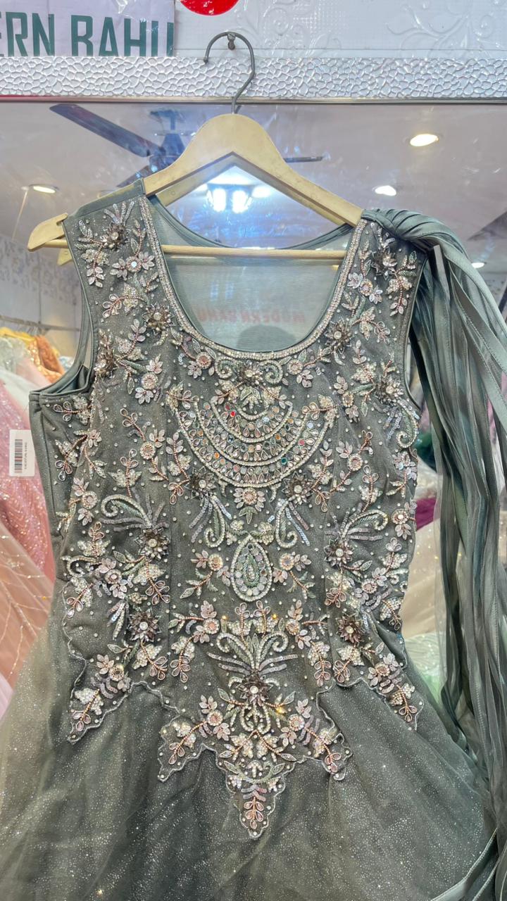 Grey Heavy Embroidered Net Gown | Designer Satin Stripe Skirt Party Wear Dress with Attached Drape