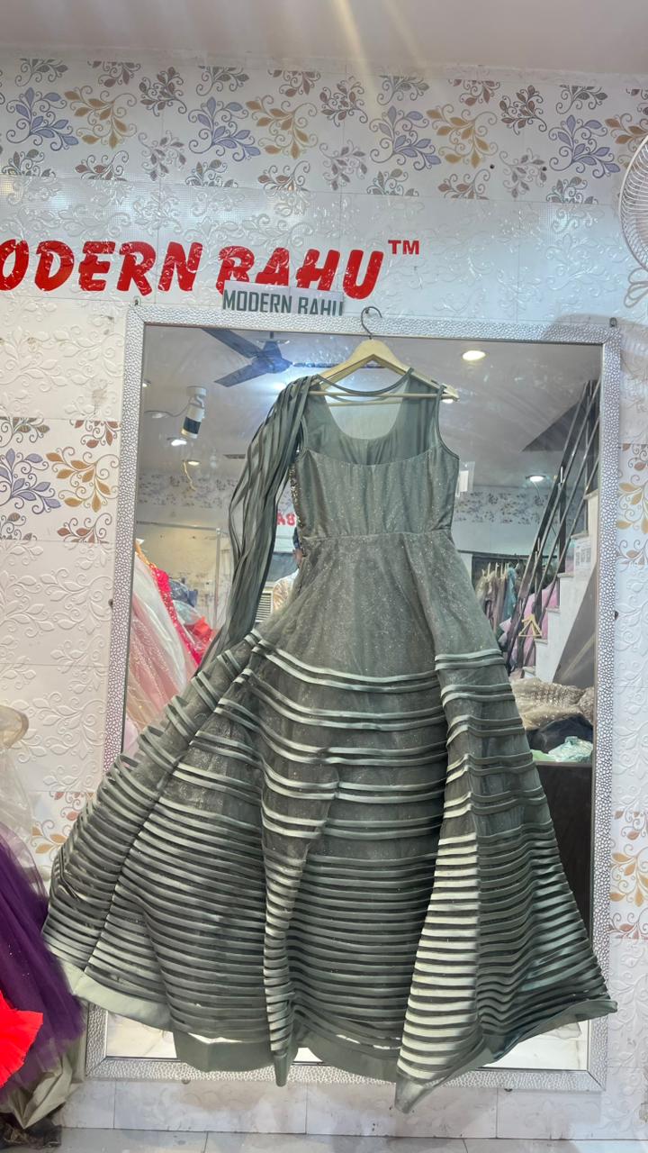 Grey Heavy Embroidered Net Gown | Designer Satin Stripe Skirt Party Wear Dress with Attached Drape
