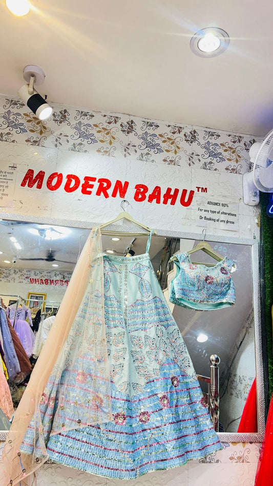 Aqua Blue Multi-Color Sequin Embroidered Lehenga Choli – Festive Silk Blend Set with Peach Dupatta