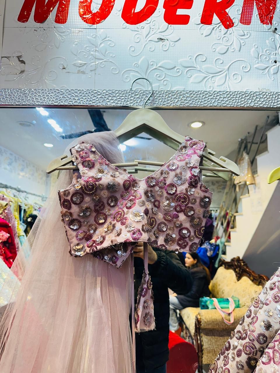 Luxury Lavender Spiral Sequin Lehenga Choli with Ruffled Dupatta | Designer Sleeveless Party Wear