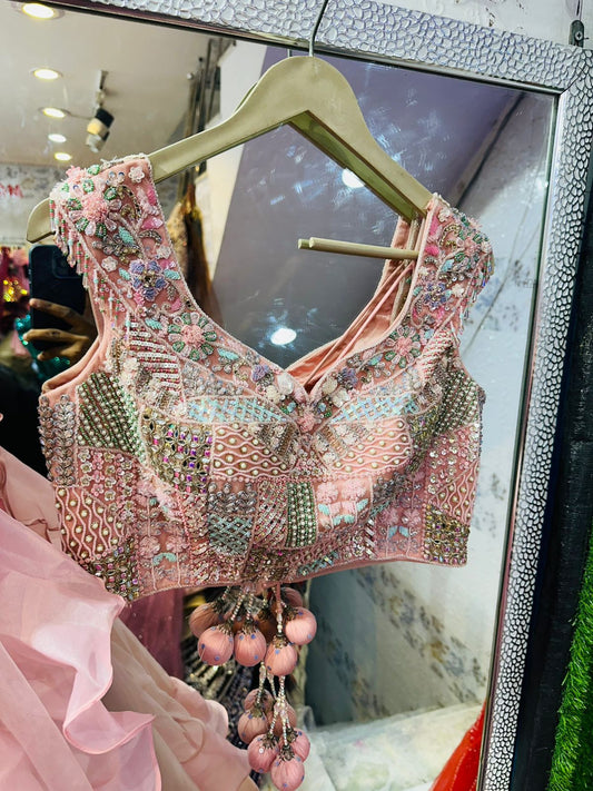 Designer Peach Pink Blouse with Multi-Color Hand Embroidery & Tassels