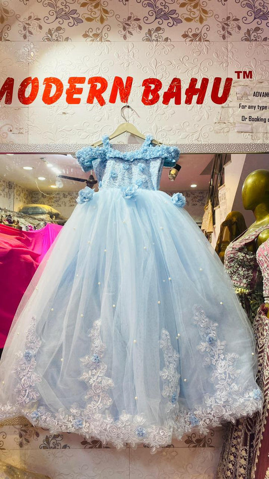 Cinderella Blue Tulle Ball Gown for Girls with 3D Floral Appliqués & Pearl Embellishments