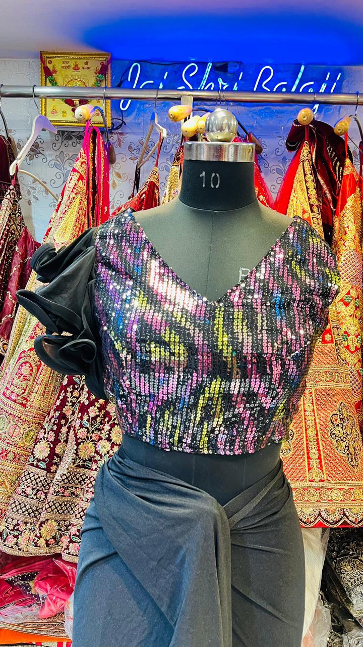 Black Ready-to-Wear Saree Gown – Multi-Color Sequin Blouse with Ruffled Sleeves