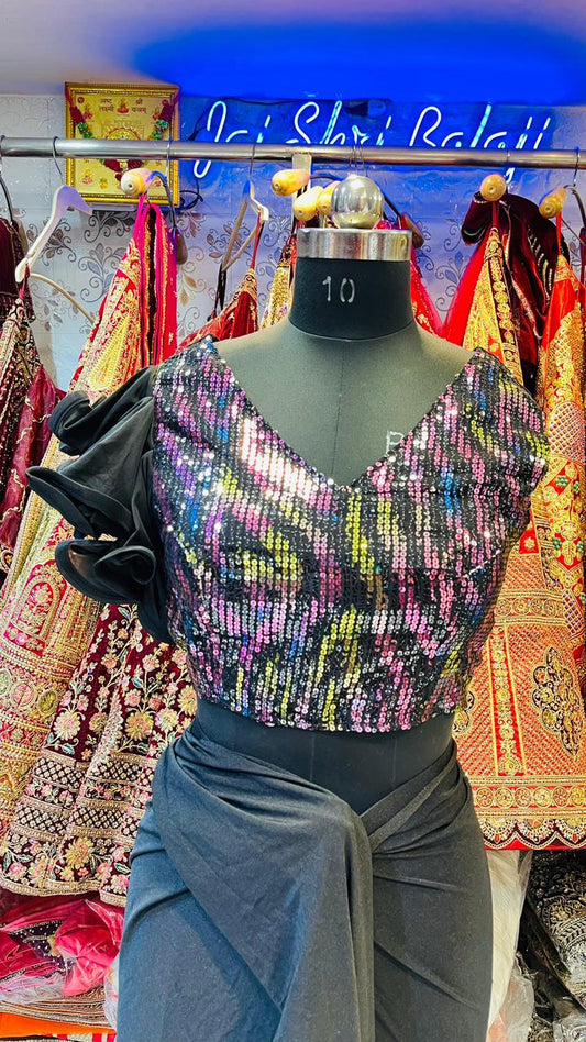 Black Ready-to-Wear Saree Gown – Multi-Color Sequin Blouse with Ruffled Sleeves