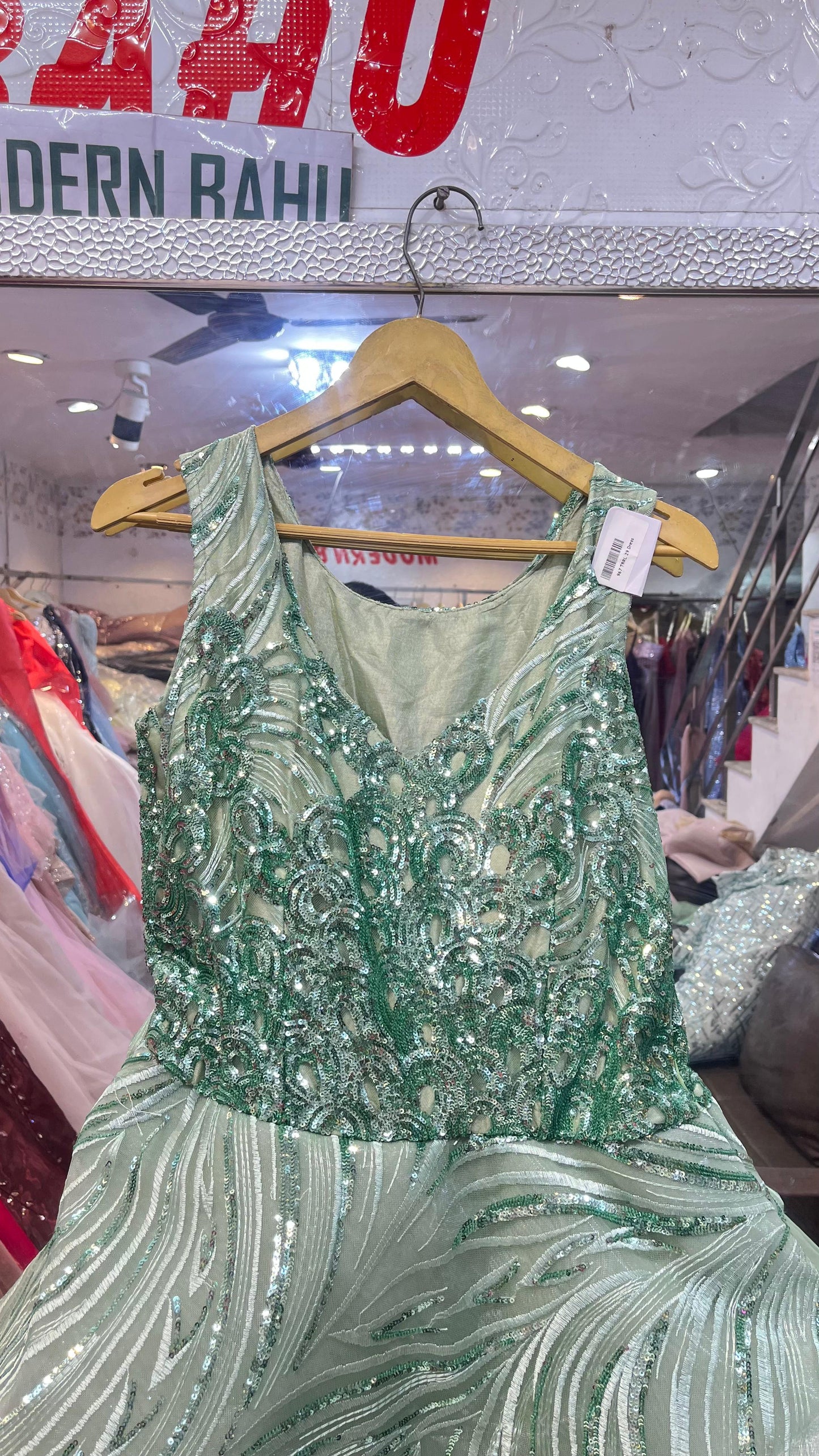 Radiant Mint Green Tiered Sequin Gown | Sleeveless Layered Party Wear Dress