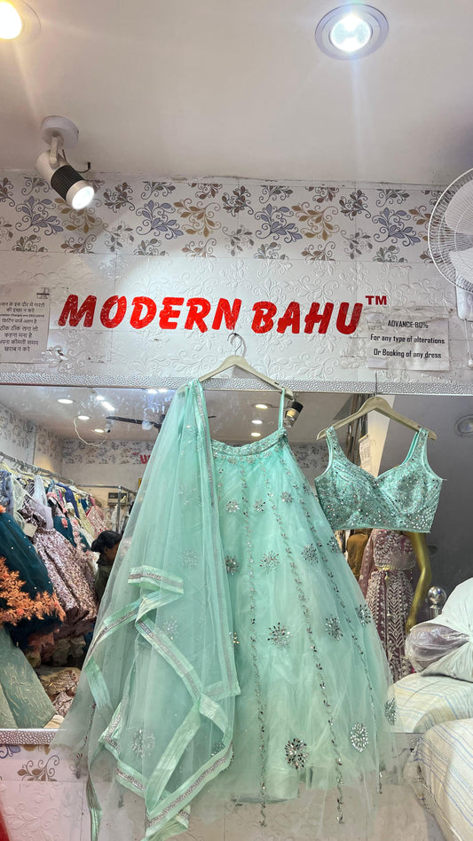 Refreshing Mint Green Net Lehenga Choli with Heavy Mirror Work & Silver Embroidery – Wedding Party Wear