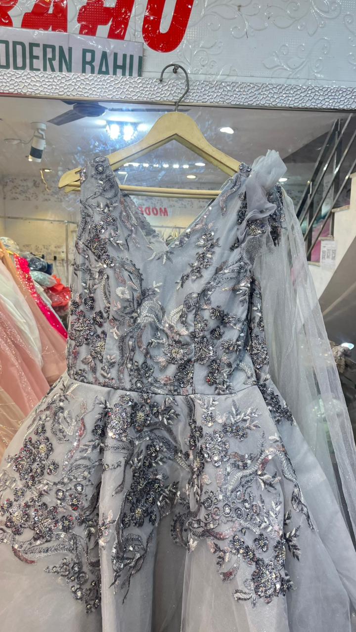 Silver Grey 3D Floral Embroidered Ball Gown | Designer Net Party Wear Dress with Attached Drape