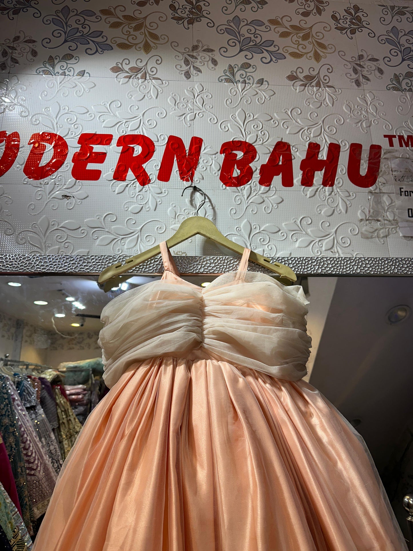 Dreamy Peach Satin & Tulle Kids Ball Gown with Ruched Bodice – Princess Birthday Wear