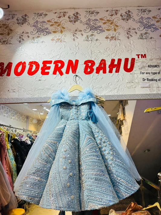 Kids Luxury Sky Blue Sequin Ball Gown | Frozen Theme Off-Shoulder Princess Dress with Cape Sleeves