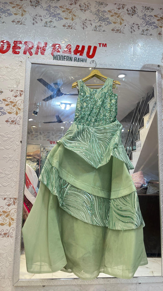 Radiant Mint Green Tiered Sequin Gown | Sleeveless Layered Party Wear Dress