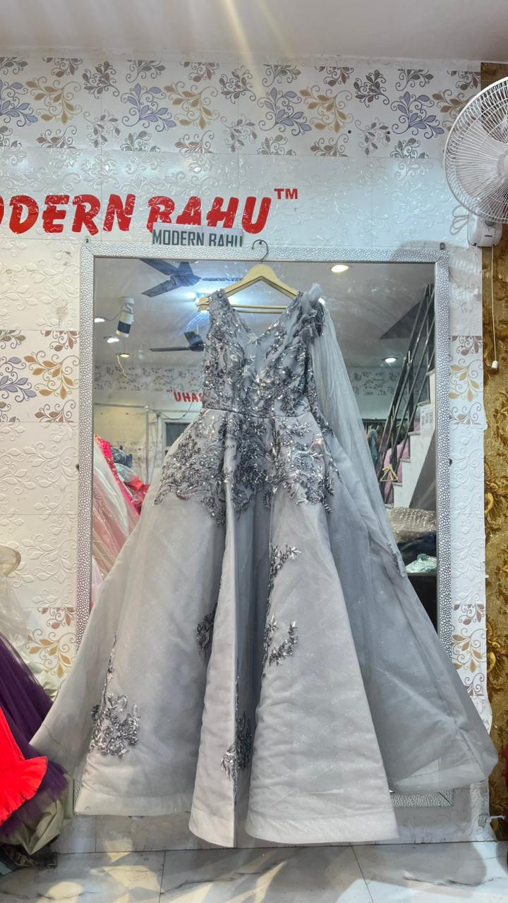 Silver Grey 3D Floral Embroidered Ball Gown | Designer Net Party Wear Dress with Attached Drape