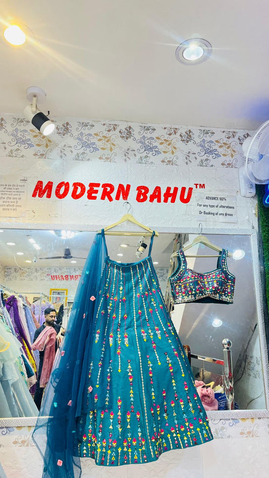 Teal Blue Geometric Embroidered Lehenga Choli – Multi-Color Thread Work Silk Party Wear